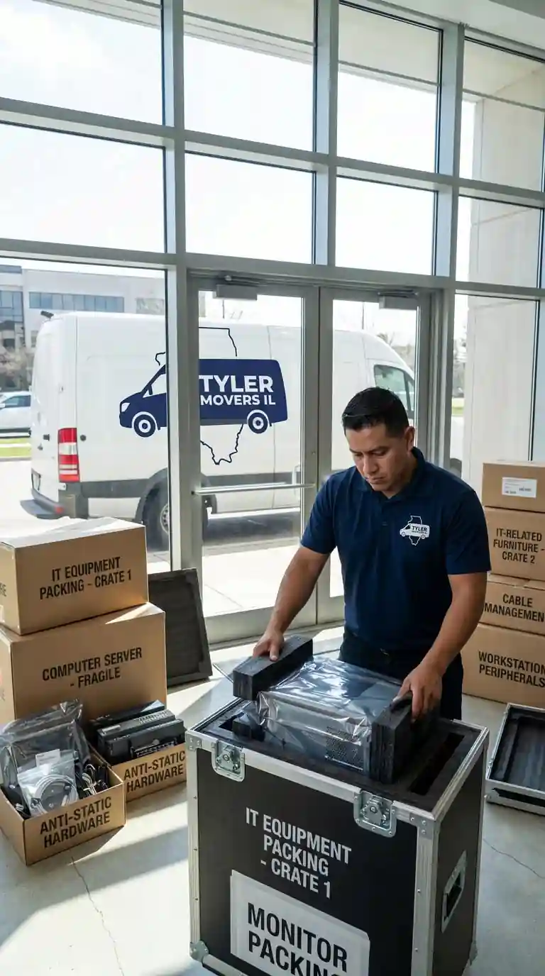 Tyler Movers packing sensitive IT server equipment in anti-static crates