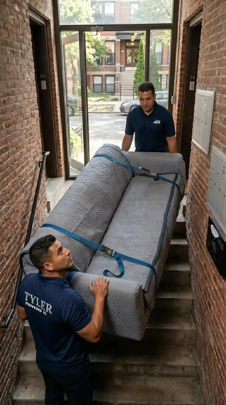 Movers carrying wrapped sofa up Chicago walk-up stairs